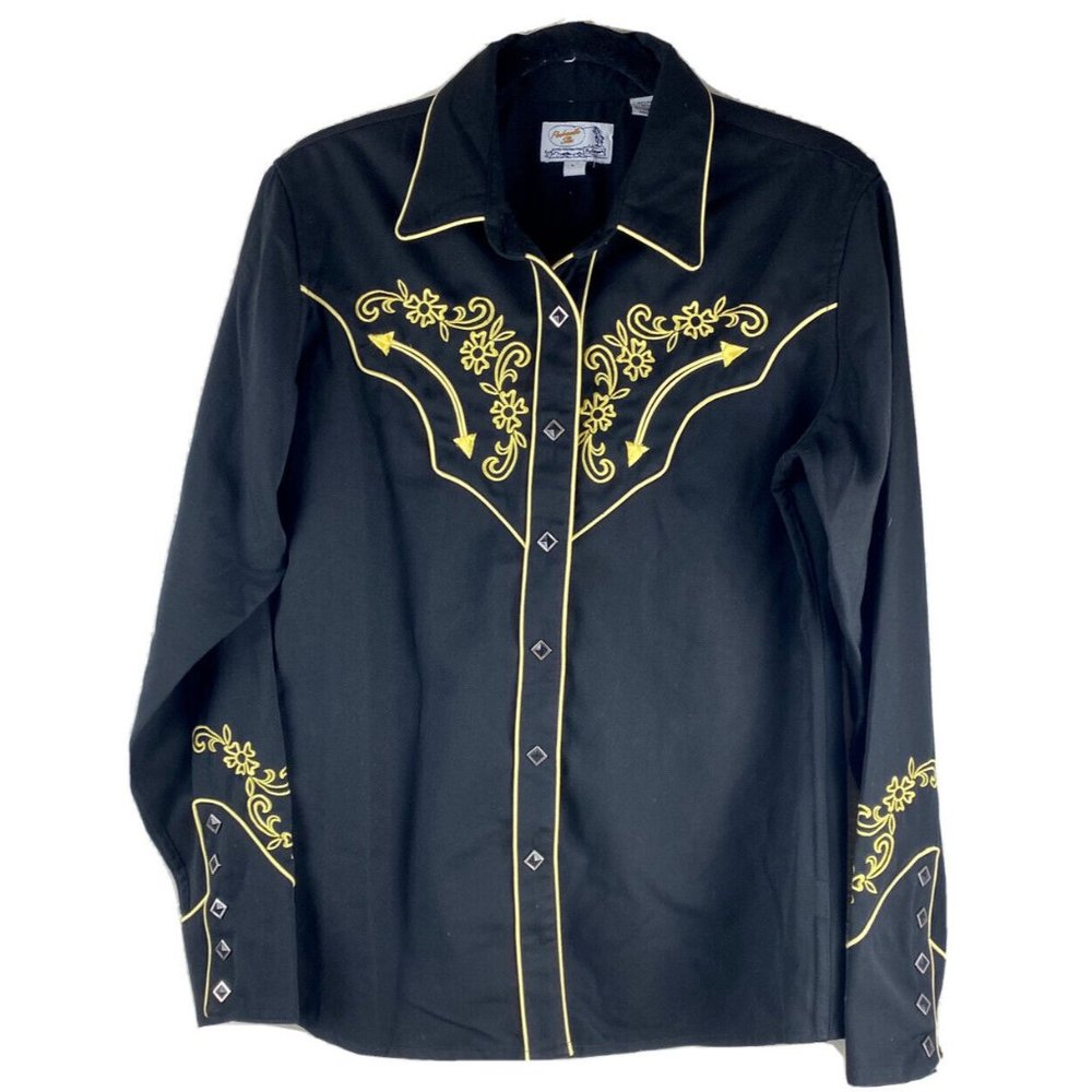 Panhandle Slim Woman Large Western Shirt Black Diamond Snap  Embroidered EUC